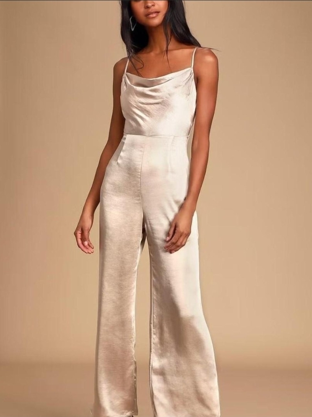 Sincerly Jules Champagne Satin Spaghetti-Strap Wide-Leg Jumpsuit